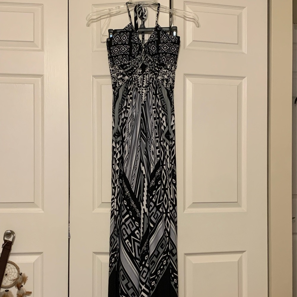 Black, White, and Gray Halter Top Maxi Dress